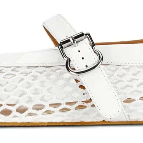 Women's White Mesh Ballet Flats Buckle Strap Fishnet Casual Comfy Office Shoes - Picture 6 of 6